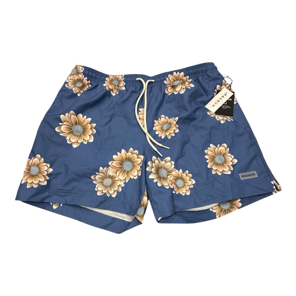 PacSun Size Large Blue‎ Yellow Cream Sunflower Lined Swim Trunks New